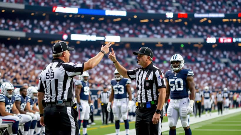 Árbitro de la NFL señalando una expulsión mientras jugadores discuten junto al banquillo