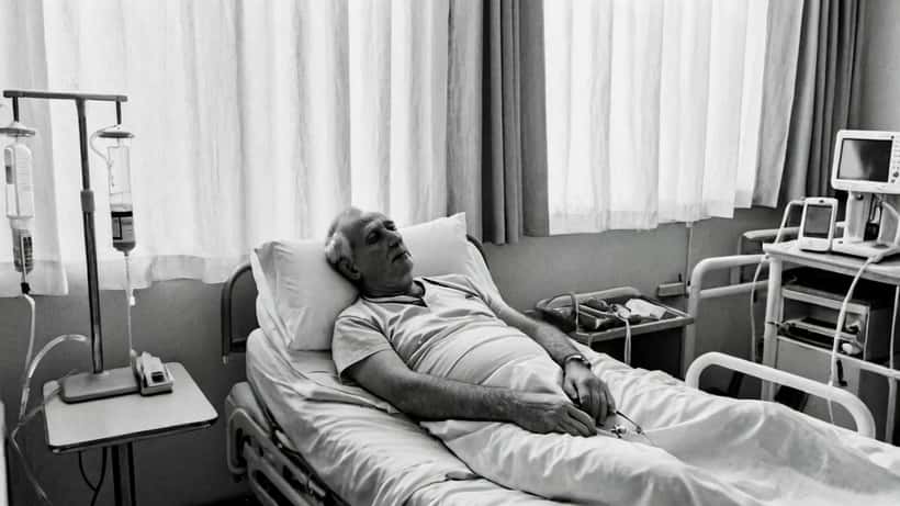 Patient in NHS hospital bed with IV drip, family member providing support