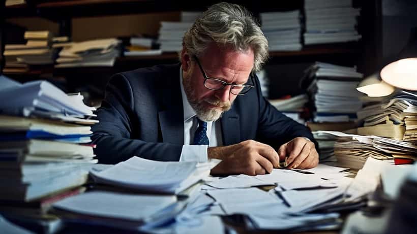 Accountant die belastingdocumenten en juridische dossiers bestudeert op een werkplek