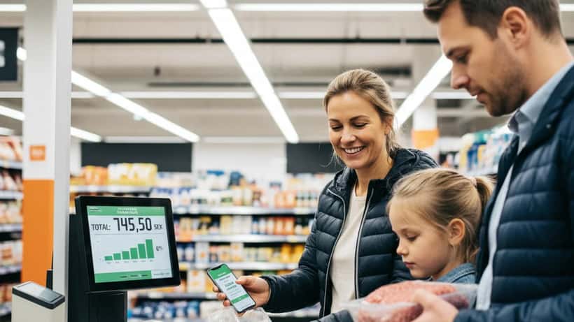 Svensk familj i mataffär i Stockholm som kontrollerar priserna med momsänkning på livsmedel