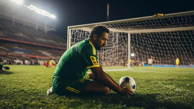 Goleiro brasileiro veterano em posição de defesa na frente do gol durante partida noturna da Copa Libertadores