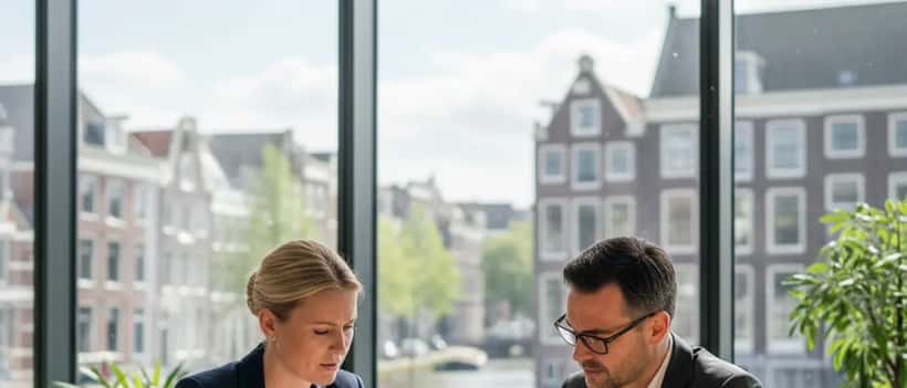 Nederlandse professional overlegt met een advocaat over arbeidscontract in modern kantoor