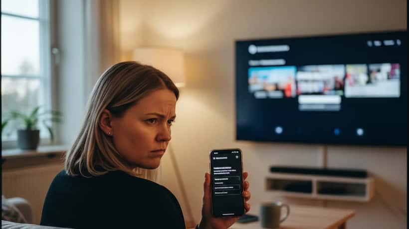 Nainen katsoo älypuhelinta streaming-sovellus auki taustalla TV-näyttö – MTV Katsomo kuluttajaoikeudet 2026