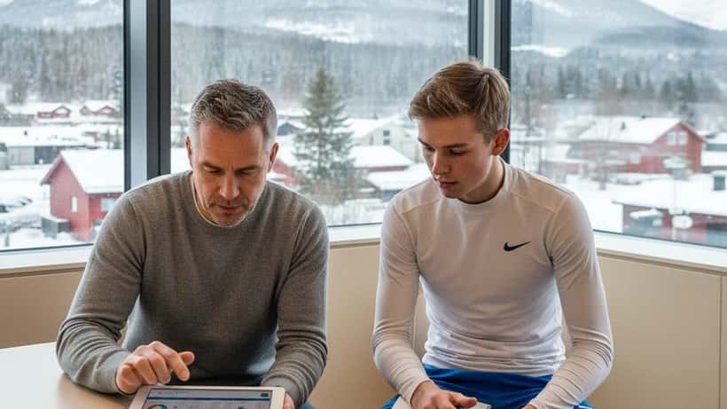 Sportspsykolog i samtale med ung idrettsutøver på norsk treningssenter