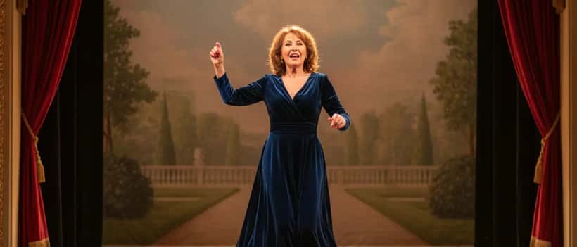 Femme française élégante dans la soixantaine sur scène de théâtre, lumière chaude, expression expressive et dynamique