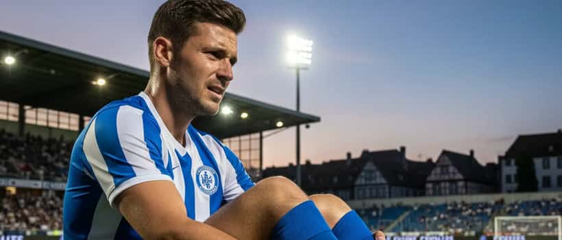 Footballeur assis sur le bord du terrain tenant son genou blessé après une rupture du LCA lors d'un match