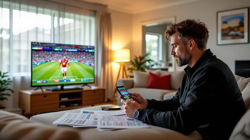 Australian man checking sports betting odds on phone with football match on TV and financial documents on table