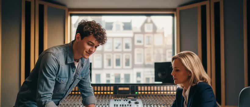 Jonge Nederlandse muzikant tekent contract in studio met juridisch adviseur