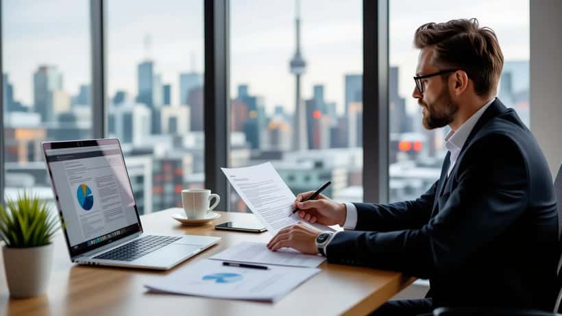 Canadian tax professional reviewing CRA Notice of Collection letter on desk with financial documents