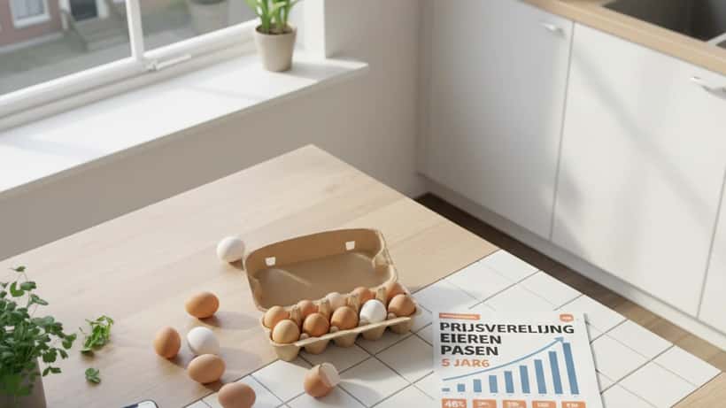 Hollandse keuken met eierdoos, supermarktflyer en smartphone met voedings-app