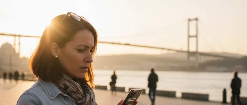 Touriste francais consultant son telephone avec le pont du Bosphore en arriere-plan, Istanbul 2026