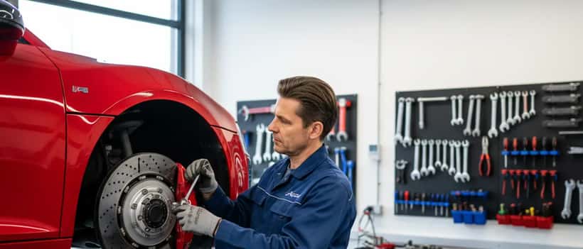 Kfz-Mechaniker prüft Bremsanlage eines Sportwagens auf einer Hebebühne in einer modernen Werkstatt