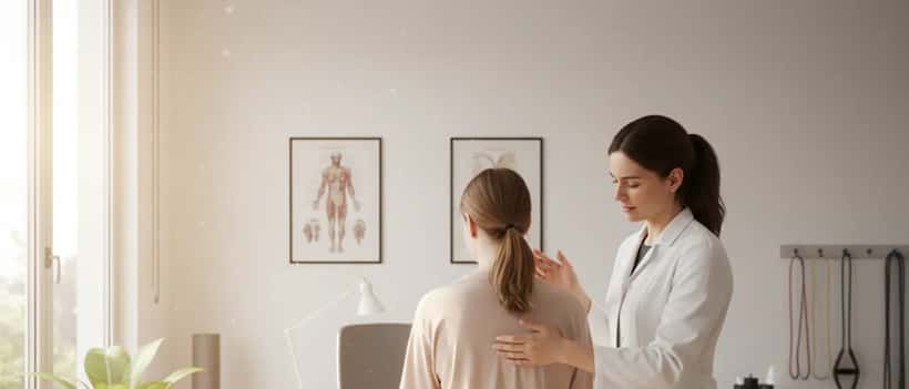 Médecin du sport français examinant le bas du dos d'une patiente dans un cabinet médical lumineux