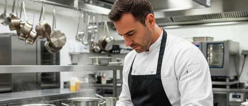 Professioneller Koch in weißer Kochkleidung in moderner Restaurantküche in Hamburg beim Anrichten