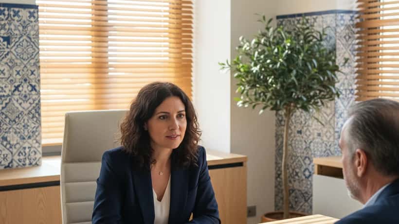 Consultora financeira em Lisboa a apresentar documentos sobre taxas de juro hipotecários