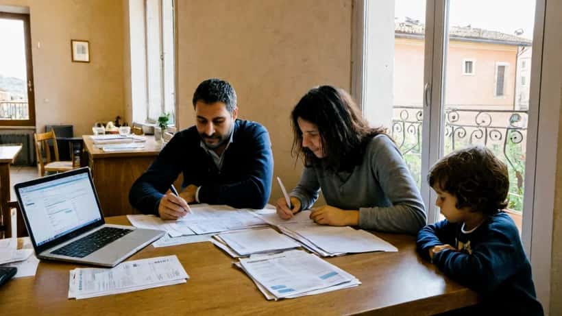 Famiglia italiana con bambini che controlla i documenti INPS dell'Assegno Unico