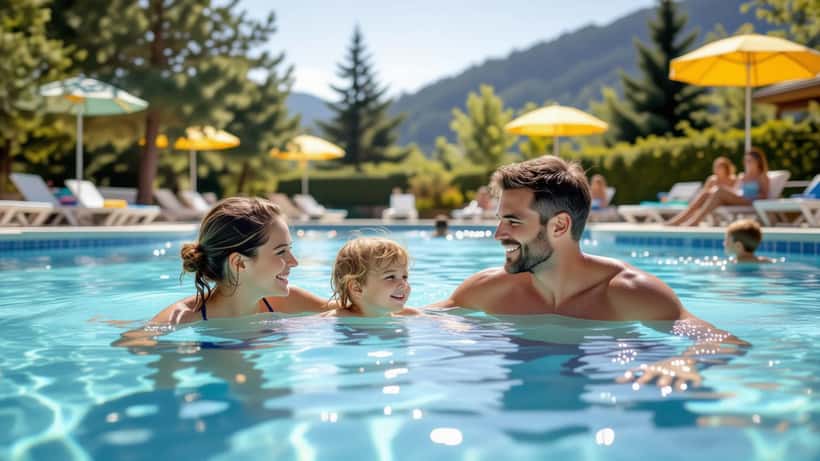 Sonniges Freibad im Sommer 2026 mit Schwimmern, Liegewiese und Bademeister