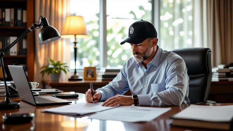 Abogado revisando contrato MLB con guante de béisbol en oficina de San Diego