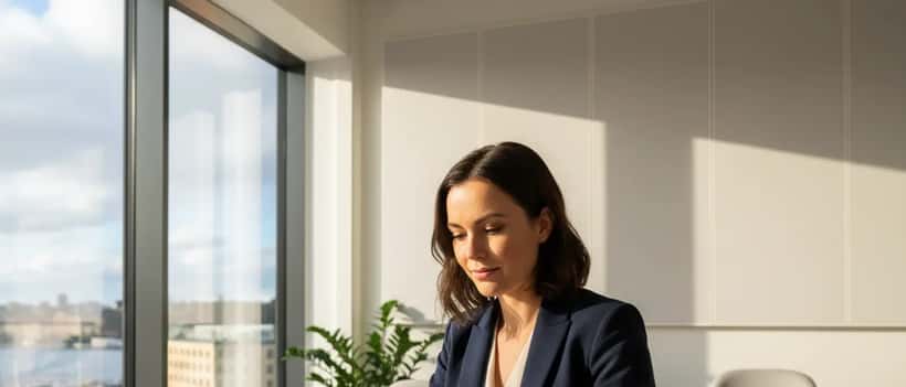 Ung svensk kvinna i professionell miljö läser om föräldraledighetsrättigheter i Stockholm