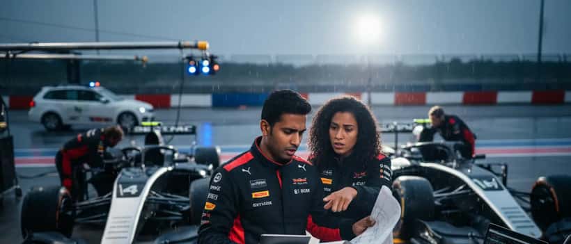 Een motorsport ingenieur bekijkt technische documenten in de pitlane na een diskwalificatie