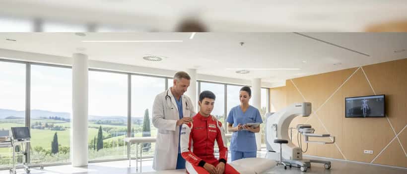 Giovane pilota italiano esaminato da un medico sportivo in clinica moderna, Formula 1 salute 2026
