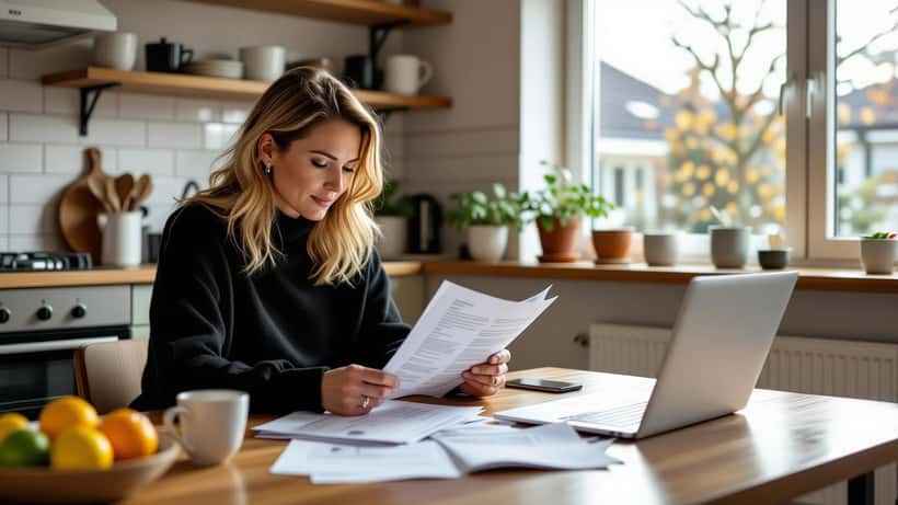 Dansk kvinde gennemgår fjernvarmeregning og klageformular på laptop ved køkkenbordet