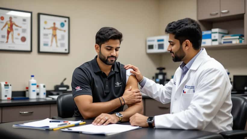 Sports medicine physician examining a South Asian Canadian cricket player's shoulder in a suburban clinic