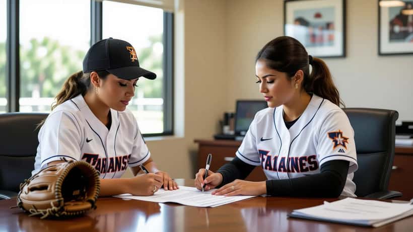 Jugadora de softbol latina revisando un contrato deportivo profesional con un abogado en Texas