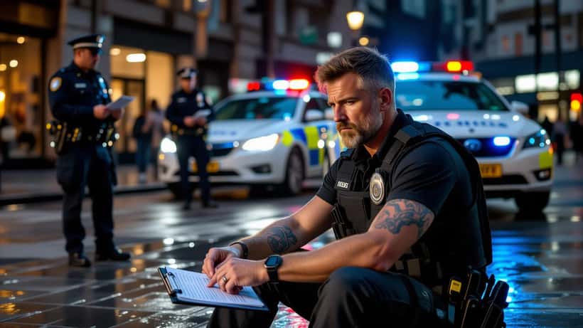 Man examining taser marks on forearm at night in Birmingham, police vehicle blue lights visible in background