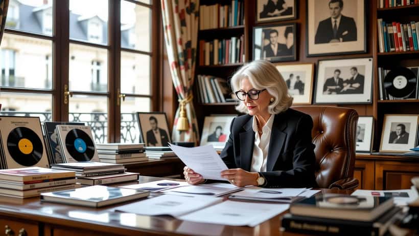 Conseillère en gestion de patrimoine analysant les droits d'auteur d'un artiste dans un bureau parisien