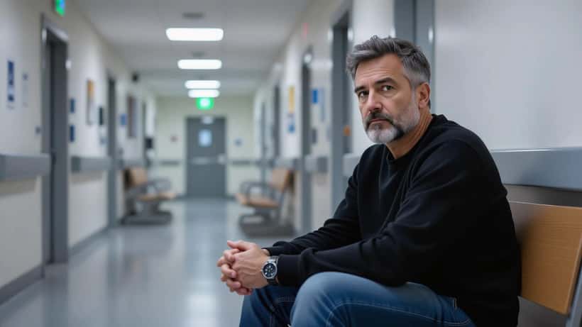 Pai ansioso à espera no corredor do hospital durante a gravidez da companheira em Portugal
