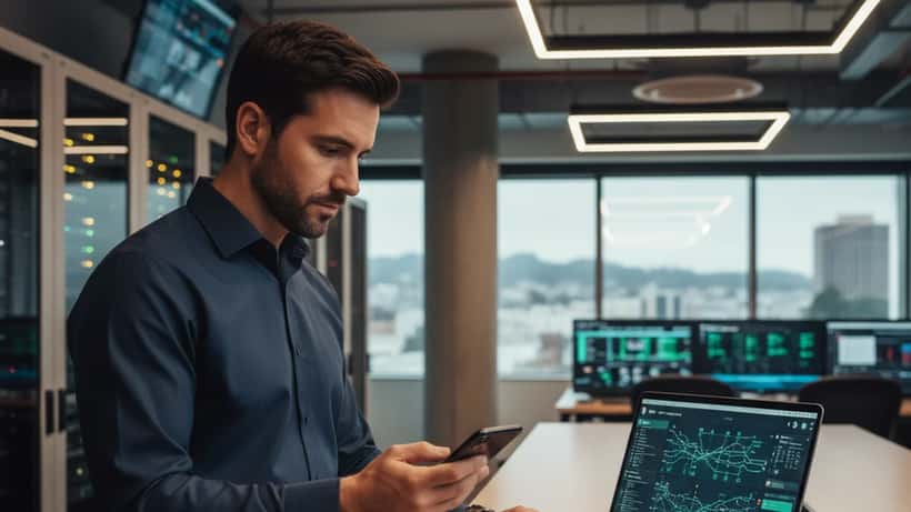 IT security specialist reviewing iPhone 18 device management policies in a San Francisco office
