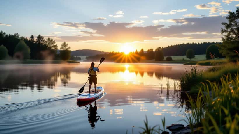 Stand-up-Paddle-Board an einer Wehranlage am Marchfeldkanal mit Sicherheitswarnschildern