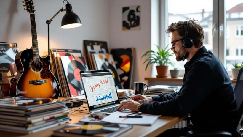 Finansiell rådgivare granskar diagram över musikroyalty vid en elgitarr och vinylskivor