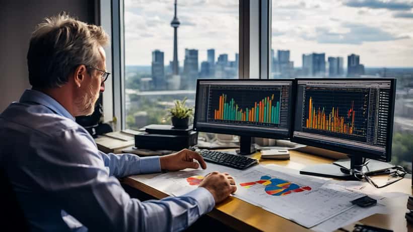 Canadian financial advisor reviewing oil price charts and investment portfolio documents in a Toronto office