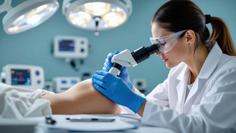 Ihotautilääkäri tutkii potilaan luomea dermatoskoopilla Helsingin klinikalla