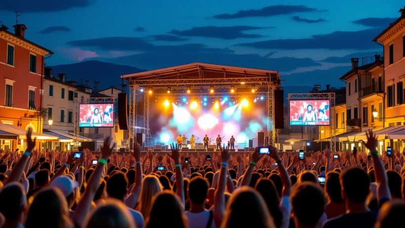 Folla compatta davanti al palco di un concerto estivo notturno in una piazza costiera pugliese