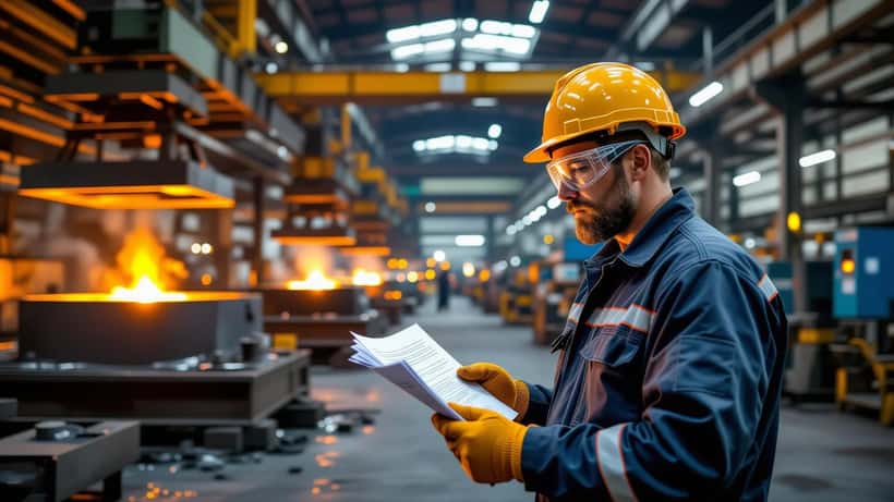 Fabrikarbeiter in Schutzausrüstung prüft Arbeitsvertrag in Eisengießerei