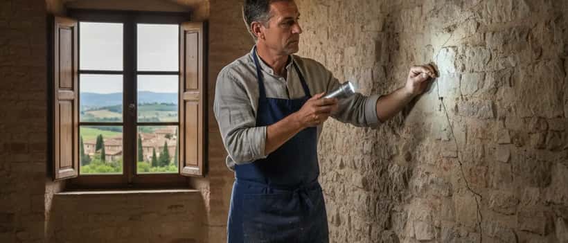 Artigiano italiano che ispeziona crepe nel muro dopo un terremoto