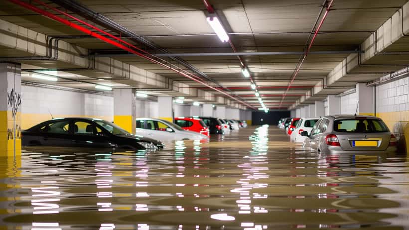 Parking souterrain inondé lors d'une goutte froide en France, plusieurs voitures partiellement immergées sous l'eau