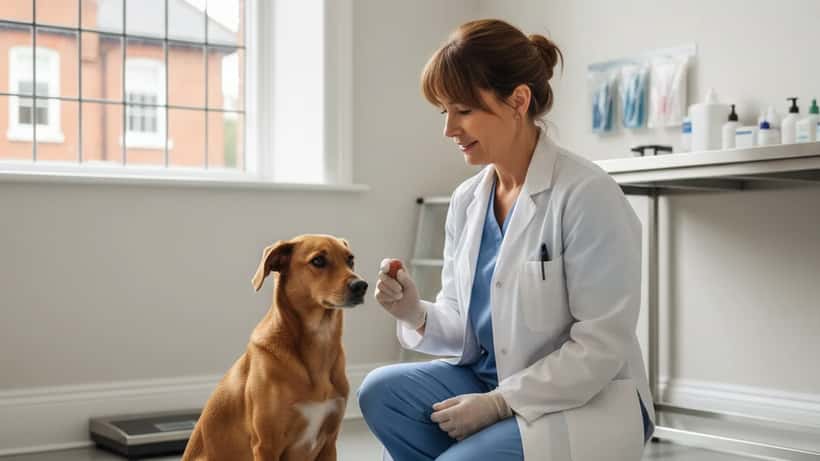 Veterinarian assessing a dog's behaviour and anxiety triggers in a UK consultation room, helping resolve aggression toward delivery workers