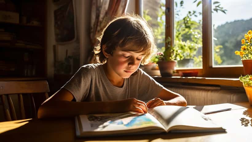 Enfant qui lit un livre à la table avec des cahiers scolaires pendant les vacances d'été