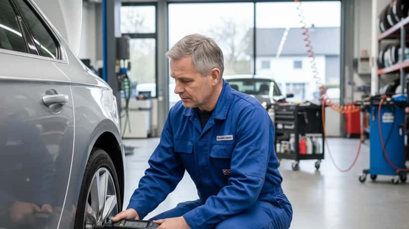 Kfz-Mechaniker prüft Reifendruck an einem Familienauto in einer deutschen Werkstatt nahe der luxemburgischen Grenze