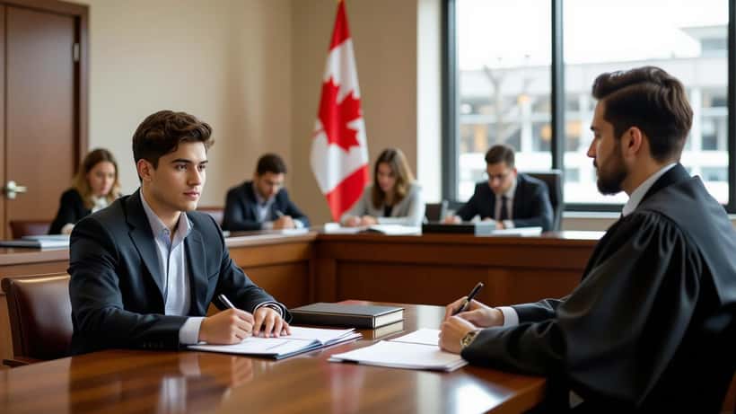 Young Indigenous man at Montreal courthouse table with defence lawyer reviewing Gladue case documents