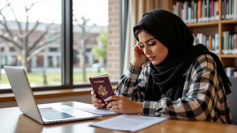 International student reviewing F-1 visa and I-20 immigration documents at university desk in Texas