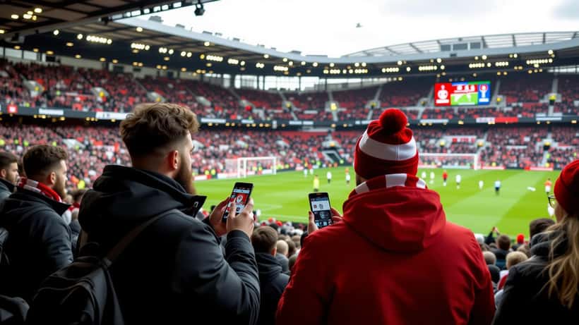 West Ham fan checking Carabao Cup draw on phone at London Stadium concourse