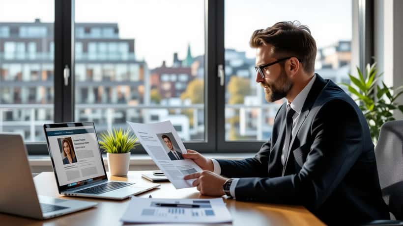 Advokat gennemgår en marketingbrochure med et portrætbillede på et kontor i København