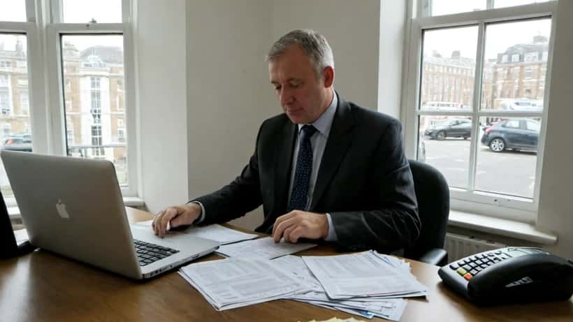 Solicitor reviewing gambling compliance documents at a law office desk in London