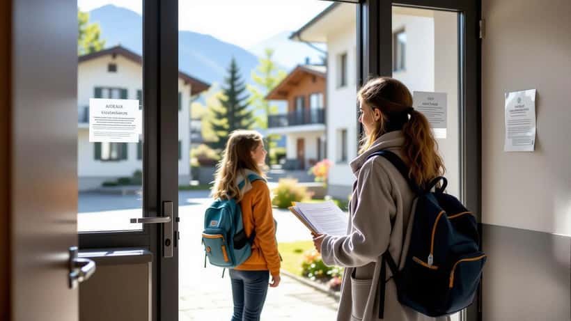 Travailleuse sociale accueillant une jeune femme à l'entrée du Mädchenhaus desFilles de Bienne, Suisse