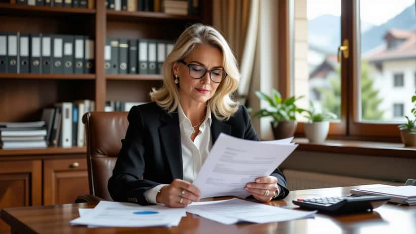 Femme consultant des documents de faillite et une facture impayée dans un bureau juridique suisse